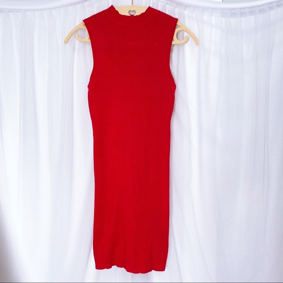 Ribbed Halter Sleeveless Bodycon Dress Red - Picture 7 of 8